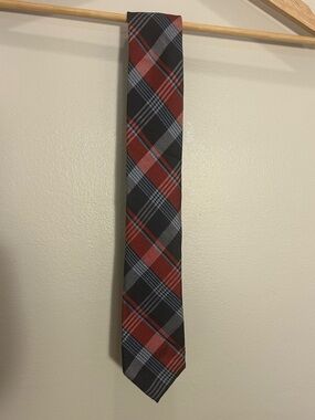 Jos. A. Bank Red and Black Plaid Tie with Gray Accents